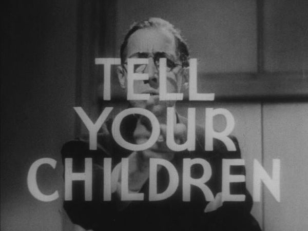 Josef Forte breaks the fourth wall to warn viewers at the end of Reefer Madness, 1936.