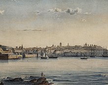 Panorama of Genoa in the early 19th century. Here the Italian tricolour cockade first appeared, and with it the Italian national colours. Ripa Maris di Genova tra il 1828 e il 1848.jpg