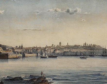 Panorama of Genoa in the early 19th century. Here the Italian tricolour cockade first appeared, and with it the Italian national colours