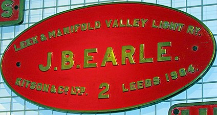 Kitson's manufacturer's plate dated 1904 from J.B.Earle displayed in the museum at Tywyn on the Talyllyn Railway