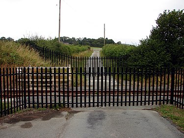 Former road crossing, now closed, at Llanbrynmair station Road Closed - geograph.org.uk - 213307.jpg