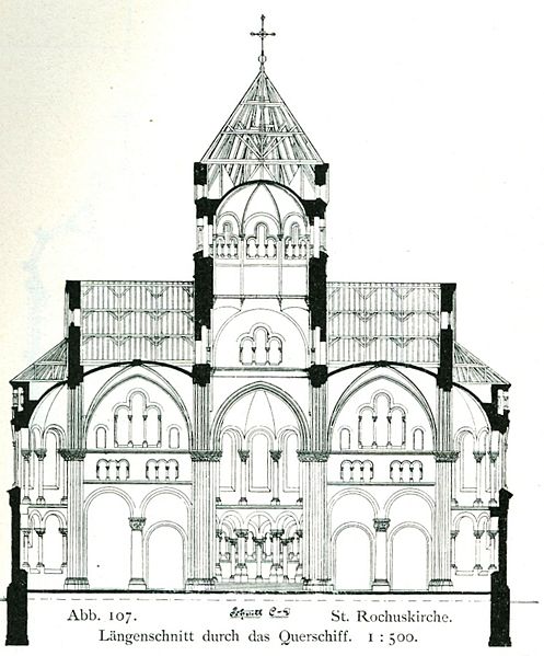 File:Rochuskirche in Düsseldorf, erbaut von 1894 bis 1897, Architekt Josef Kleesattel, Längenschnitt durch das Querschiff.jpg