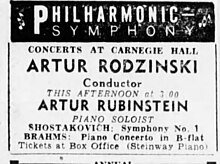 The live CBS broadcast of Shostakovich's First Symphony conducted by Artur Rodzinski on December 7, 1941, was interrupted by breaking news of the attack on Pearl Harbor. Rodzinski shostakovich1 carnegie.jpg