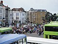 A large queue at Ryde bus station, Isle of Wight, on Thursday, the first day of Bestival 2010 as travellers from the ferry queue for a shuttle bus from Ryde to the Bestival 2010 site at Robin Hill.