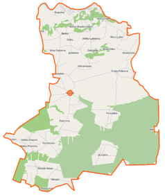 Mapa konturowa gminy Rząśnik, na dole nieco na prawo znajduje się punkt z opisem „Ochudno”