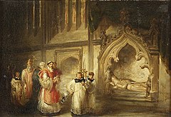 Painting of the Monument of Richard Stapleton in Exeter Cathedral (painting by S. A. Hart), showing a liturgical procession