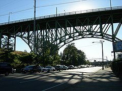 Looking west on S Dearborn Street at the Jose P. Rizal Bridge