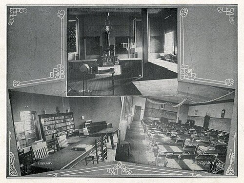 Photographs of the kitchen, library and auditorium.