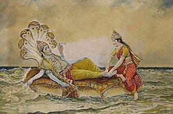 An early 20th-century painting depicting Vishnu resting on Ananta-Shesha, with Lakshmi massaging his feet. Sheshashayi - Laxminarayan by DHURANDHAR MV.jpg
