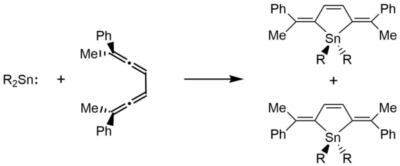 [2+4] Chelotropic cycloaddition of stannylene to 2,7-diphenylocta-2,3,5,6-tetraene in disrotatory fashion SnR2 cycloaddition.png