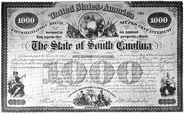 Bond certificate for the state of South Carolina issued in 1873 under the state's Consolidation Act