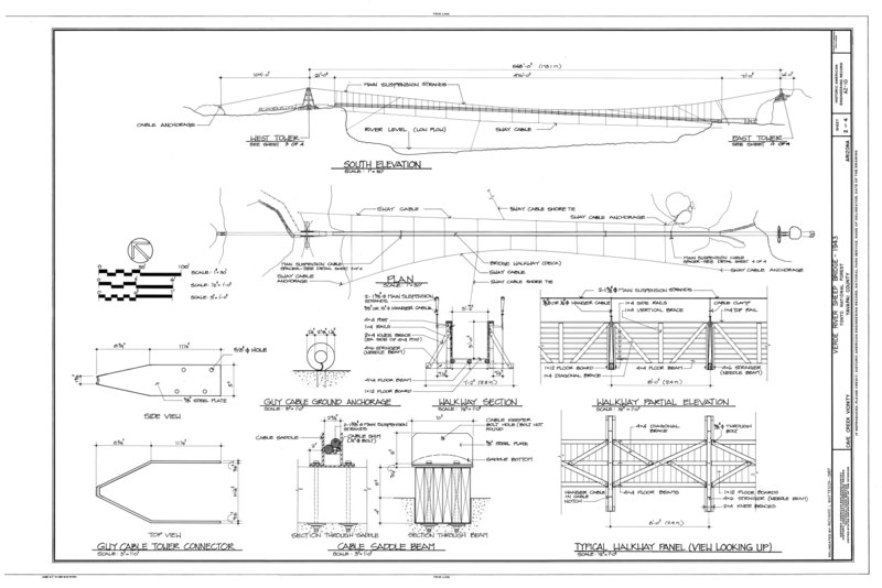 File:South Elevation, Plan, Typical Walkway Panel, Cable Saddle Beam, and other details - Verde River Sheep Bridge, Spanning Verde River (Tonto National Forest), Cave HAER ARIZ,13-CACR.V,1- (sheet 2 of 4).tif