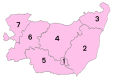 Districts of Suffolk from 1974-2019, 1=Ipswich, 2=Suffolk Coastal,3=Waveney, 4=Mid Suffolk, 5=Babergh, 6=St Edmundsbury, 7=Forest Heath
