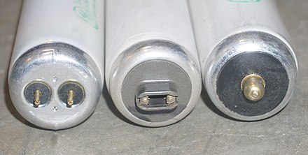 T12 fluorescent tubes. The first two are rapid start, (for "tombstone" and socket holders respectively) while the third is an instant-start lamp. The instant-start  has a characteristic, rounded, single pin, for plugging into the spring-loaded socket holders.