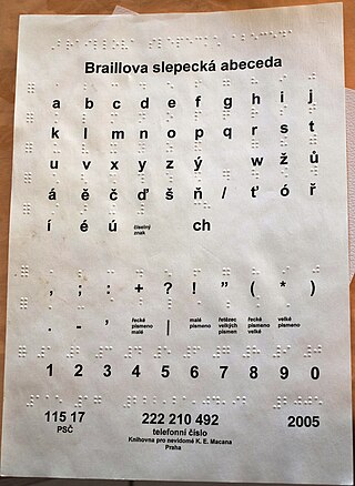 <span class="mw-page-title-main">Czech Braille</span> Braille alphabet of the Czech language