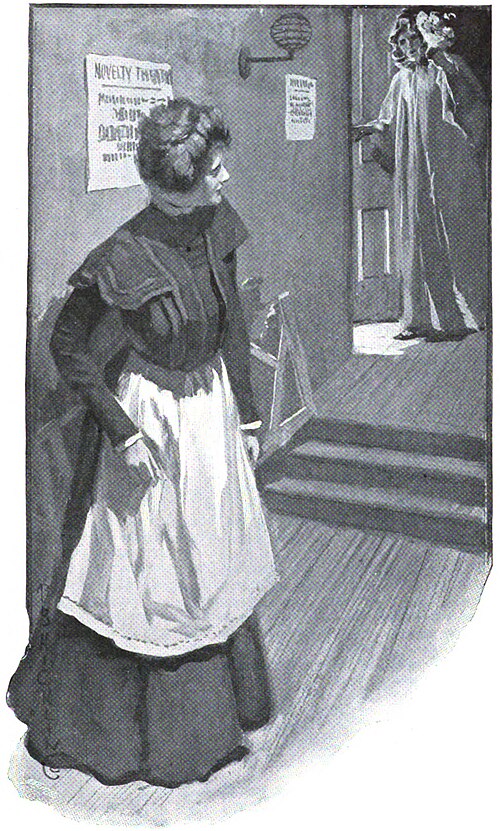 Illustration of a maid in a hall half-turned toward a person in a cloak and facemask entering a side door