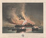 USS Missouri on fire at Gibraltar, 1843 painting by Edward Duncan