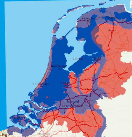 Areas of the Netherlands located below sea level (blue)