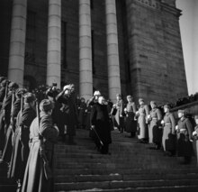 The inauguration of the Finnish president J. K. Paasikivi in his second presidency at the Parliament House in Helsinki on March 1, 1950. The inauguration of the Finnish president J K Paasikivi in his second presidency 1950 (JOKAUAS2 492-5).tiff