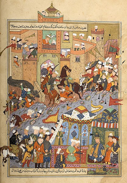 Timur receiving Amir Husayn's envoy during his attack on Balkh (1370). Miniature painting from Mirkhvand's Rawzat al-Safa (Turkey, 1599).