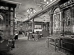 Reconstruction of Titanic's first-class smoking room, created from an original picture of the same room aboard the Olympic, which was quite similar. There are no known photos of this room on board the Titanic. Titanic Smoking Room Reconstruction.jpg