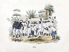 蓄奴种植园的葬礼，苏里南。平版印刷circa 1840–1850，数字复原