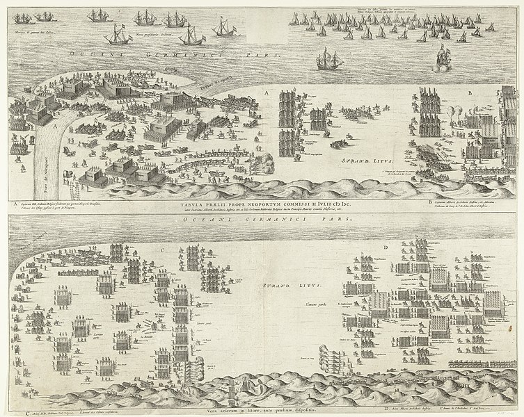 File:Twee voorstellingen boven het Staatse leger steekt de haven bij Nieuwpoort over en de Staatse en Spaanse legers tegenover elkaar op het strand bij Nieuwpoort onder de slagordes en eerste schermutselingen tussen Staatse e, RP-P-OB-80.540.jpg