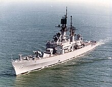 USS Leahy departing San Diego, California, in May 1978. She was classified as a guided-missile frigate (DLG-16) until 1975, when she was reclassified as a guided-missile cruiser (CG-16). USS Leahy (CG-16) at sea off San Diego, in May 1978.jpg