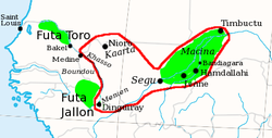 Länsi-Sudanin fulbevaltiot vihreällä ja Umar Tallin hallitsema alue rajattuna punaisella.