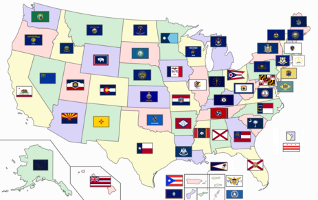 Map showing the flags of the 50 states of the United States, its five territories, and the capital district, Washington, D.C. United States state flags, territory flags, and DC flags24.png