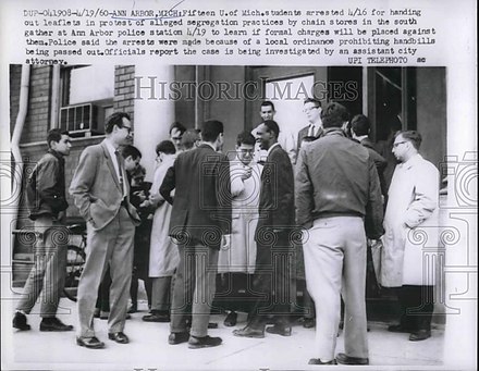 University of Michigan students arrested for protesting segregation in Ann Arbor; April 19, 1960