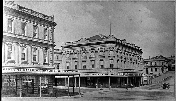 Looking from Victoria Street East (1880s) across Queen Street (left to right centre) along the south side of Victoria Street West (right)