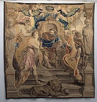 Workshop of Daniël Eggermans. The wrath of Achilles label QS:Len,"The wrath of Achilles" label QS:Lpl,"Gniew Achillesa" label QS:Lnl,"Achilles vertoornd op Agamemnon" . circa 1630-1635. Wool, silk, gold thread and silver thread. 417 × 390 cm (13.6 × 12.7 ft). Rotterdam, Museum Boijmans Van Beuningen.