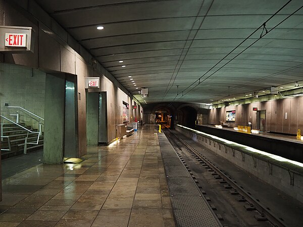 The westbound platform at Convention Center on the Red and Blue lines