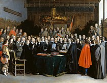 De ondertekening van het vredesverdrag van Münster - de zes onderhandelaars met opgeheven vingers v.l.n.r. Willem Ripperda, Frans van Donia, Adriaen Clant tot Stedum, Adriaen Pauw, Johan van Mathenesse en Barthold van Gent (Gerard Terborch, 1648).