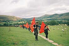 Activists from the Young Communist League (Great Britain) in 2021 marking the mass trespass of Kinder Scout YCL Summer Camp 2021 hike 1.jpg