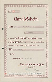 Schuldschein der Zuckerfabrik Straußfurt aus dem Jahr 1924