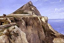 View of Windmill Hill fortifications and the Rock of Gibraltar in 1862 1862 painting of the Rock of Gibraltar by Frederick Richard Lee, Windmill Hill Barracks at the far side of the plateaux.jpg