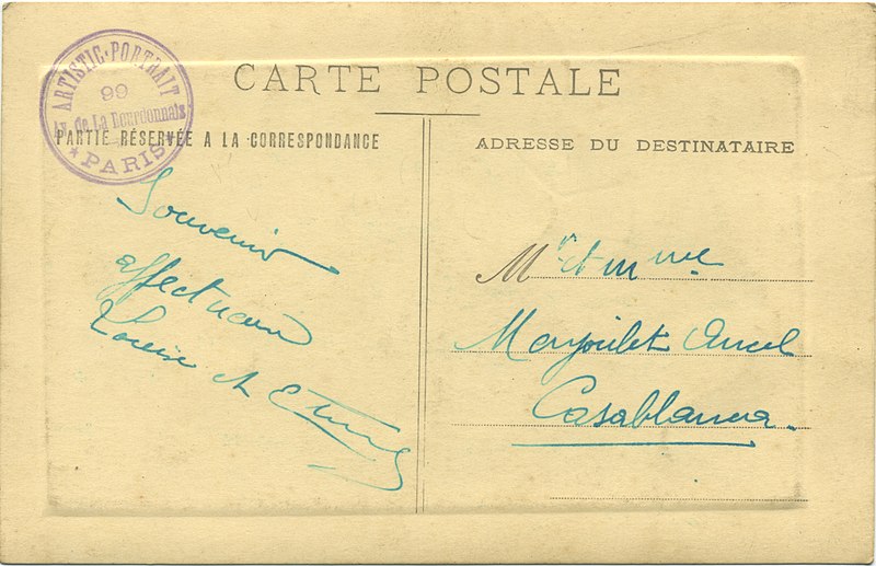 File:1923, verso de la photo-carte-postale envoyée à Casablanca, Maroc, à M et Mme Menjoulet Ancel.jpg