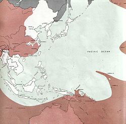 The strategic situation in the Pacific in mid-April 1944. The red shaded area was controlled by the Allies and the remainder was controlled by Japan. 1944-04-15JapWW2BattlefrontAtlas.jpg