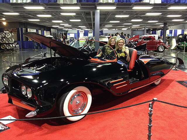 1963 Batmobile exhibited February 2014 shortly after restoration with original builder's daughters Karen and Darlene Robinson.