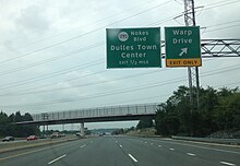 Exit sign for Warp Drive in Dulles, Virginia, one of many Trek-inspired roads in the United States. 2014-08-22 14 04 24 View north along Sully Road (Virginia State Route 28) at the Warp Drive exit in Sterling, Loudoun County, Virginia.jpg