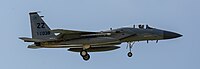 A US Air Force F-15C Eagle, tail number 81-0038, on final approach at Kadena Air Base in Okinawa, Japan. The aircraft is assigned to the 44th Fighter Squadron.