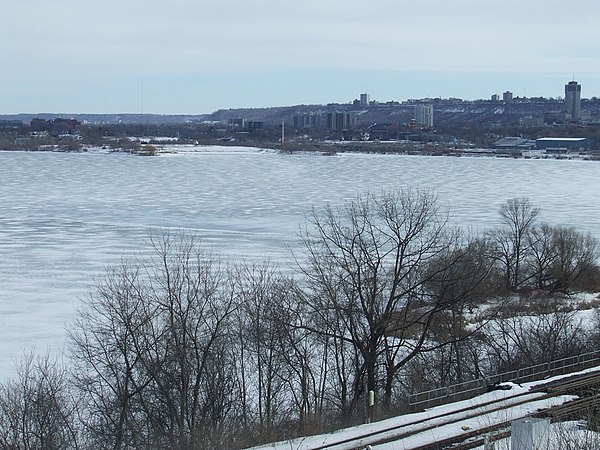 Hamilton Harbour frozen over. Ice sheets can form along the shoreline of Lake Ontario during the winter.