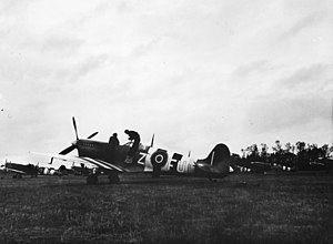 Black and white photo of World War II-era single-engined monoplane aircraft in a field. The fuselage and wings of the aircraft are marked with vertical black and white stripes.