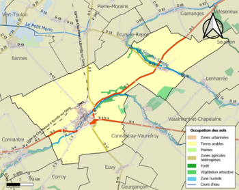 Kaart van de gemeente met de belangrijkste infrastructuur, bodemgebruik en omliggende gemeenten