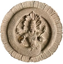 8th century Nagaraja carving, temple ceiling, Alampur, Telangana.jpg