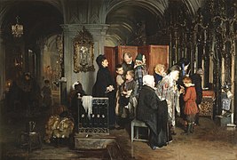 Aleksiej Korzuchin.  „Przed spowiedzią” (1877).  Przedstawiono wnętrze Katedry Marynarki Wojennej św. Mikołaja w Petersburgu[1]