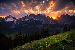 Sunset over the mountains in Switzerland Licensing: CC-BY-SA-4.0
