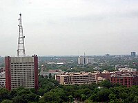 The headquarters of Doordarshan, for which experimental telecast started in September 1959. Regular daily transmission followed in 1965 as a part of All India Radio. Akashvani Bhavan in New Delhi.jpg